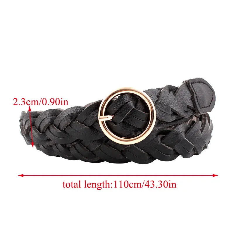 110cm Women Knitted Belts Solid Color PU Leather Braided Decorative Thin Waist Belt Round Gold Pin Buckle Jeans Dress Waistband