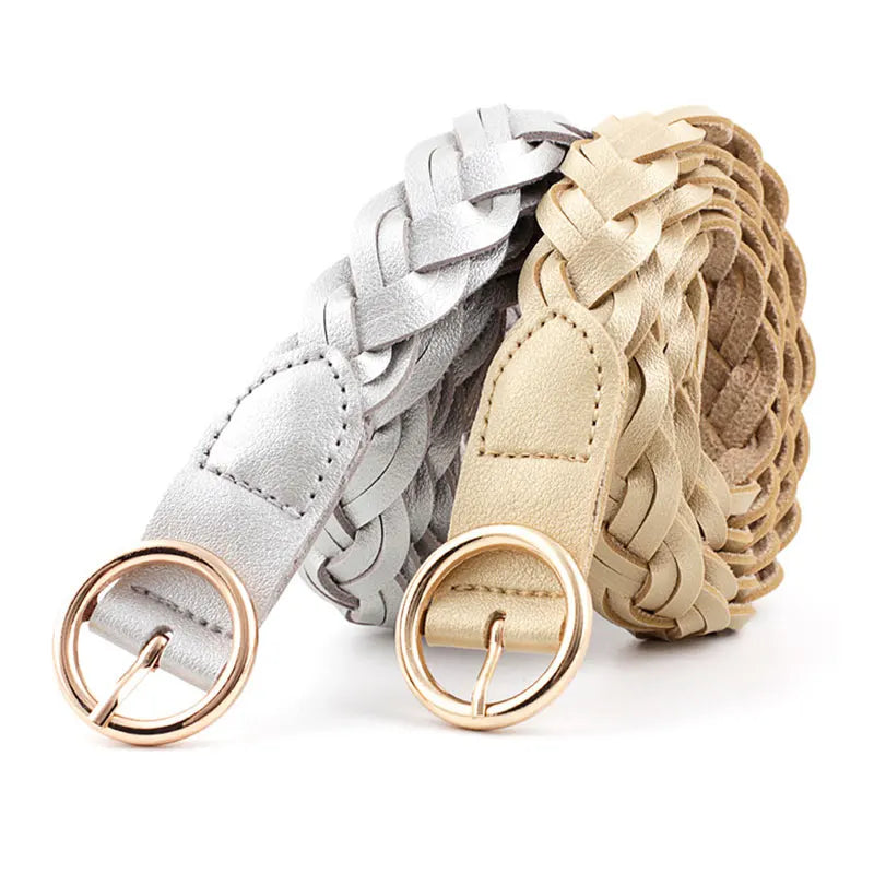 110cm Women Knitted Belts Solid Color PU Leather Braided Decorative Thin Waist Belt Round Gold Pin Buckle Jeans Dress Waistband
