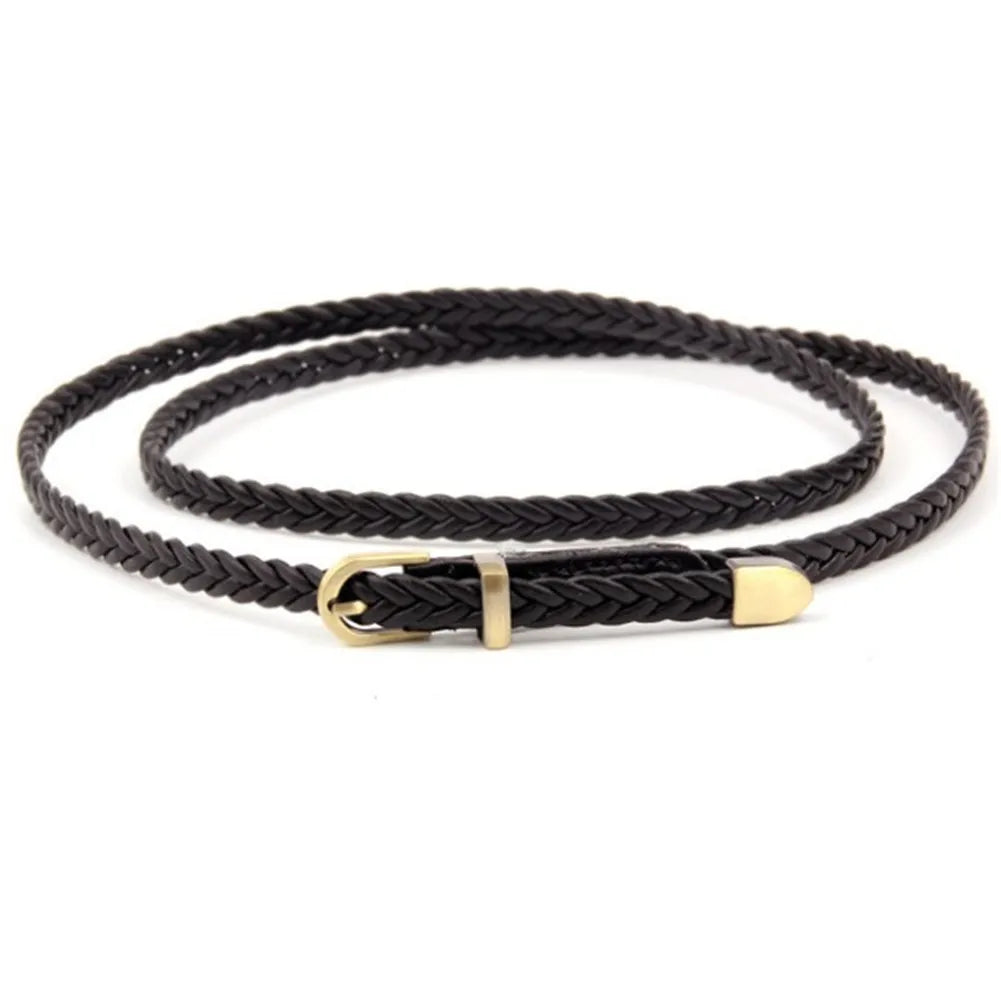 110cm Women Knitted Belts Solid Color PU Leather Braided Decorative Thin Waist Belt Round Gold Pin Buckle Jeans Dress Waistband