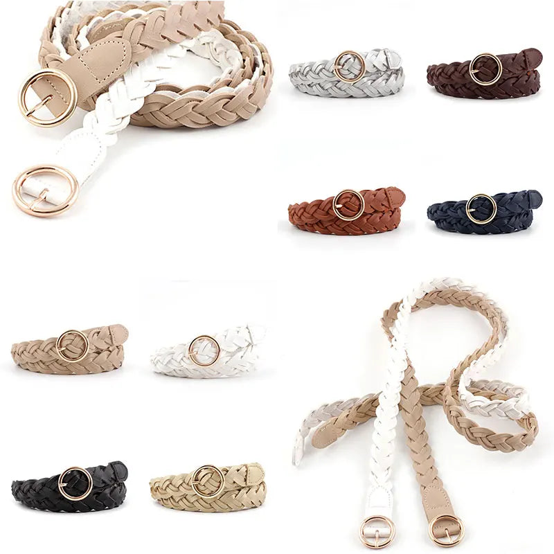 110cm Women Knitted Belts Solid Color PU Leather Braided Decorative Thin Waist Belt Round Gold Pin Buckle Jeans Dress Waistband