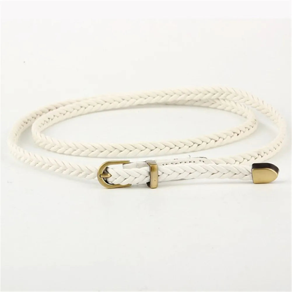 110cm Women Knitted Belts Solid Color PU Leather Braided Decorative Thin Waist Belt Round Gold Pin Buckle Jeans Dress Waistband