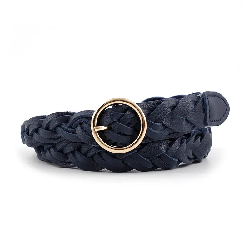 110cm Women Knitted Belts Solid Color PU Leather Braided Decorative Thin Waist Belt Round Gold Pin Buckle Jeans Dress Waistband