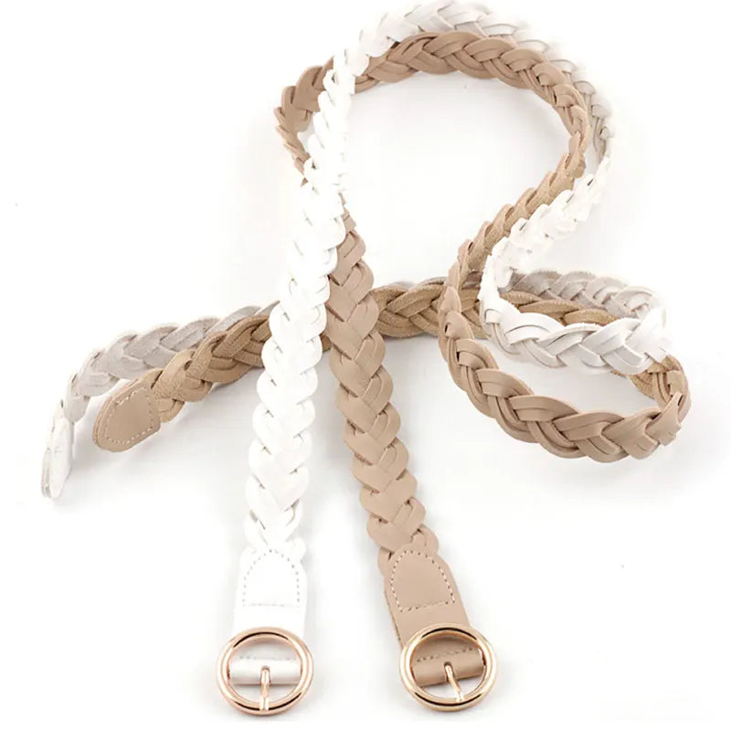 110cm Women Knitted Belts Solid Color PU Leather Braided Decorative Thin Waist Belt Round Gold Pin Buckle Jeans Dress Waistband