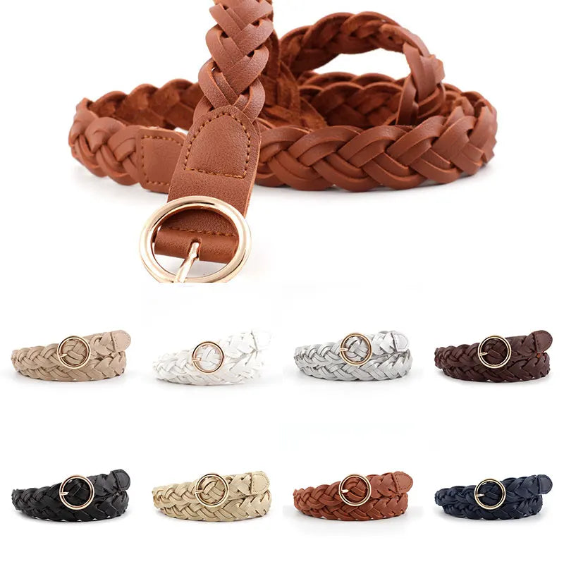110cm Women Knitted Belts Solid Color PU Leather Braided Decorative Thin Waist Belt Round Gold Pin Buckle Jeans Dress Waistband