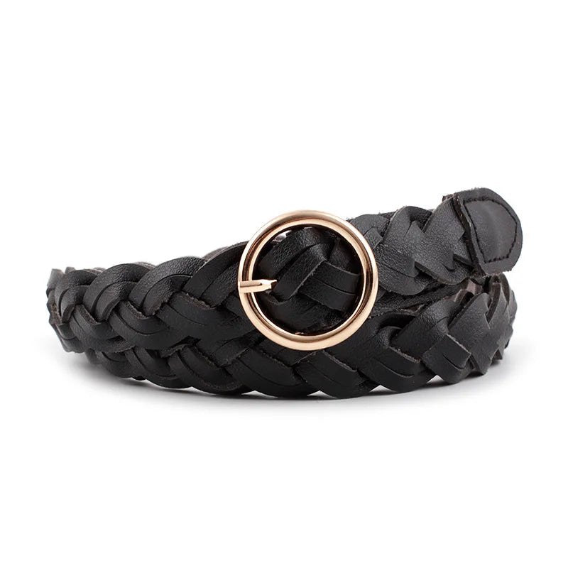 110cm Women Knitted Belts Solid Color PU Leather Braided Decorative Thin Waist Belt Round Gold Pin Buckle Jeans Dress Waistband